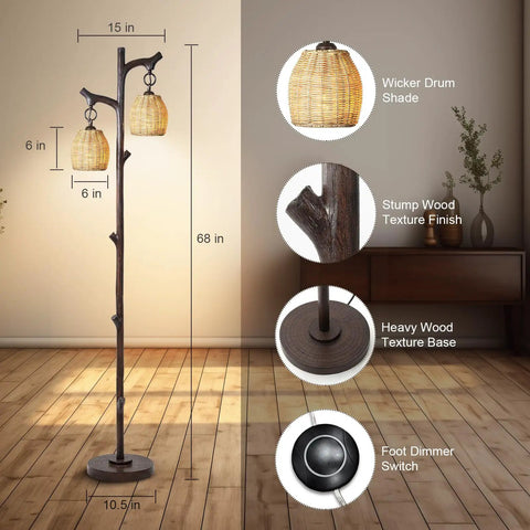 68 Inch Farmhouse Floor Lamp With Tree Trunk Faux Wood Column Dark Bronze Wicker Drum Shade Rustic Country Cottage Decor For Living Room Bedroom Reading Nook Cozy Vibe with detailed features highlighted
