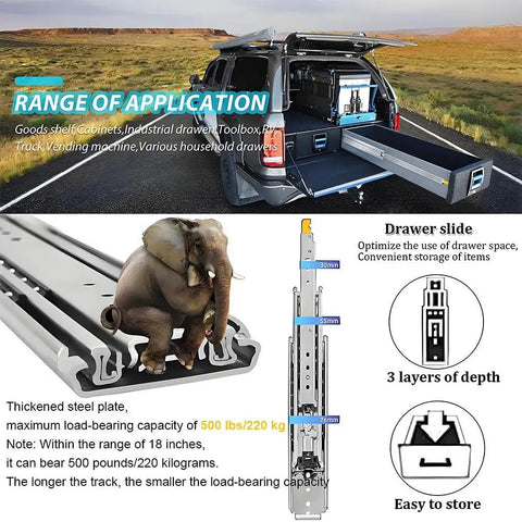 Beefy Heavy Duty 500lbs Drawer Slides with Full Extension Ball Bearing Rails, tool box application, thickened steel plate