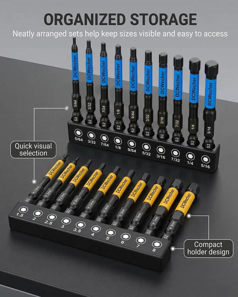 Heavy Duty Pro Grade 3 Inch Impact Hex Bit Set With 20 Pieces Metric And SAE Allen Wrenches in organized storage case