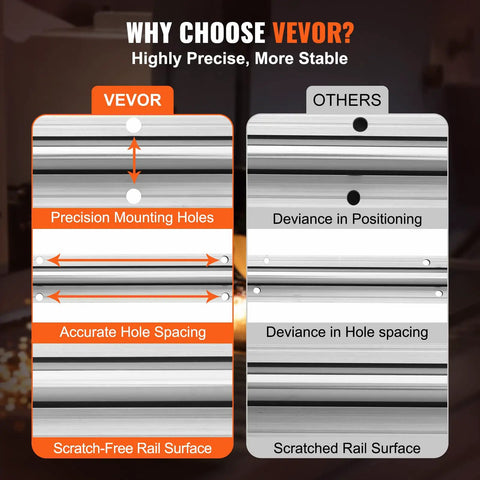 Comparison of VEVOR and competitor rails highlighting precision mounting holes and scratch-free surface