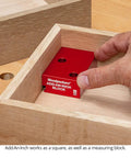 Rugged One Inch Offset Table Saw Fence Stop Featuring Slick Clamp On Design For Rapid Rip Fence Setup And Dead On Repeatable Crosscuts Every Damn Time In Your Workshop in use as measuring block.