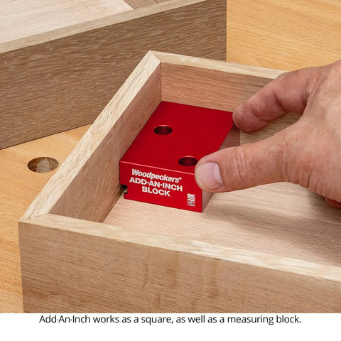 Rugged One Inch Offset Table Saw Fence Stop Featuring Slick Clamp On Design For Rapid Rip Fence Setup And Dead On Repeatable Crosscuts Every Damn Time In Your Workshop in use as measuring block.