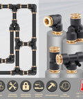 Assorted DOT fittings and unions from Beast Mode Heavy Duty 50 Foot One Quarter Inch Air Hose Kit displayed on pedestals.