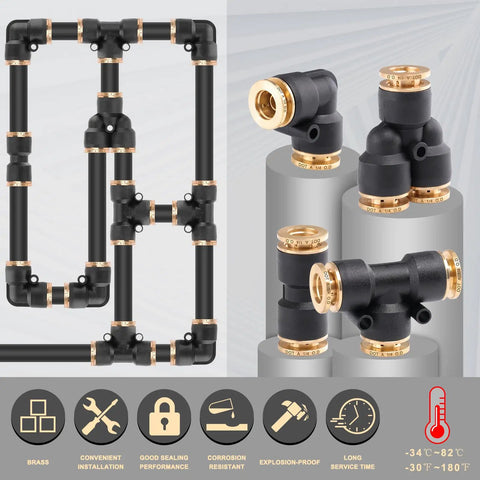 Assorted DOT fittings and unions from Beast Mode Heavy Duty 50 Foot One Quarter Inch Air Hose Kit displayed on pedestals.