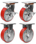 Heavy Duty Industrial Caster Wheels With 5000 Pound Capacity Polyurethane Treads And Cast Iron Cores Swivel Plate set of four.