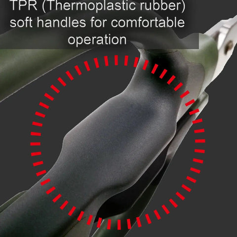 PH 57 8.3 Inch Heavy Duty Combination Scissors Workhorse With Two In One Blades Anti Slip Serrations And U Shaped Tip 210mm close-up of TPR handle