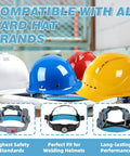 Four colorful hard hats with Keeps You Cool With Cooling 3 Layer Breathable Hard Hat Sweat Bands Set displayed underneath.