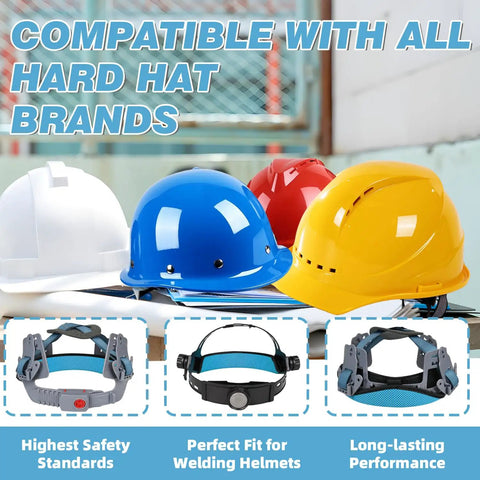 Four colorful hard hats with Keeps You Cool With Cooling 3 Layer Breathable Hard Hat Sweat Bands Set displayed underneath.