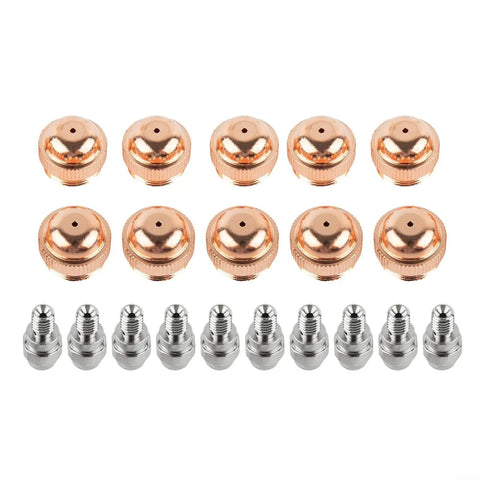 20 Pack Plasma Cutter Consumables Kit With 743.0441 Electrode And 743.0132 Nozzles For PSB60 PSB121 Torch showing copper nozzles and silver fittings.