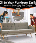 Couple using 8 Piece Heavy Furniture Sliders Set With Large And Small Pads For Moving Couches Sofas Beds And Appliances On Carpet Hardwood Or Tile Reusable Floor Protectors Orange under sofa legs on carpet. Close-up view of orange slider in use.