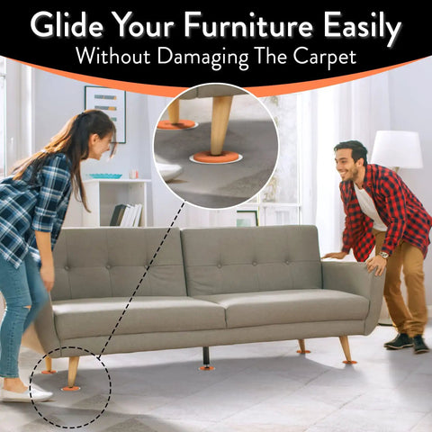 Couple using 8 Piece Heavy Furniture Sliders Set With Large And Small Pads For Moving Couches Sofas Beds And Appliances On Carpet Hardwood Or Tile Reusable Floor Protectors Orange under sofa legs on carpet. Close-up view of orange slider in use.