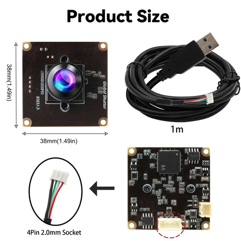 Global Shutter USB Camera Module With 2MP High Speed 90fps Rig-Ready UVC Sensor dimensions and components