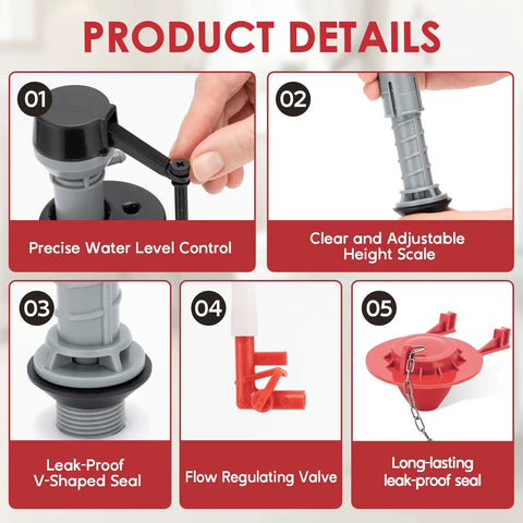Universal Toilet Flush Valve Replacement Kit With Adjustable Height Fill Valve And Threaded Flow Control Knob detail