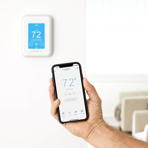 WiFi Smart Thermostat With Touchscreen Display, Room Sensor Ready, And Alexa And Google Assistant Support with app in hand