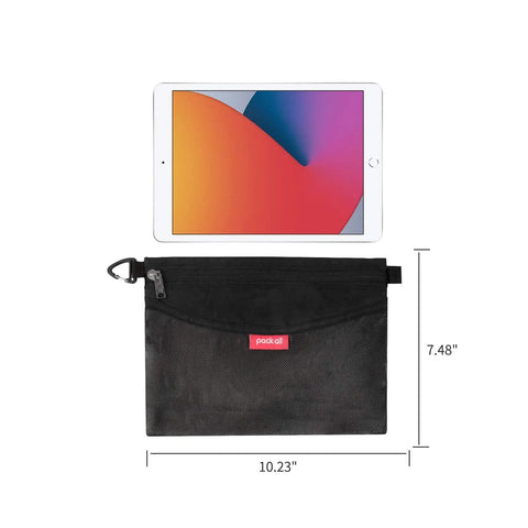 Black medium Grab-And-Go Water-Resistant Zipper Pouch Set Mesh Storage Bags for iPad Pro with dimensions shown