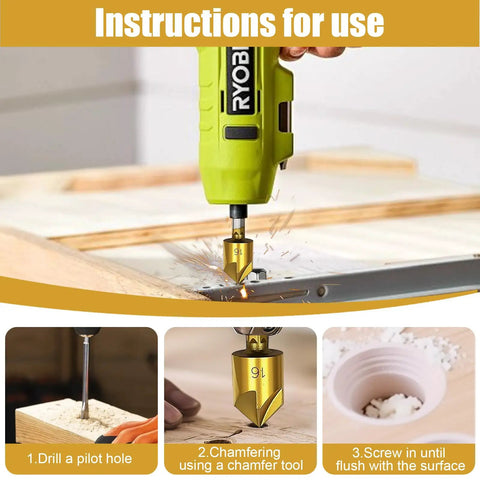 Three Piece Countersink Drill Bit Set With Hex Shank For Metal Hole Edge Prep Includes One Half Inch Five Eighth Inch And Three Quarter Inch Chamfer Bits In Gold Finish Multi Size Chamfer Tooling For Precise Fast Holes shown in use with drill on wood.