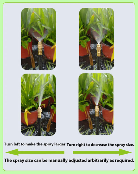 Ultimate Drip Irrigation Kit With 100 Ft Hose, 26 360 Degree Adjustable Mist Nozzles watering potted plants in a courtyard
