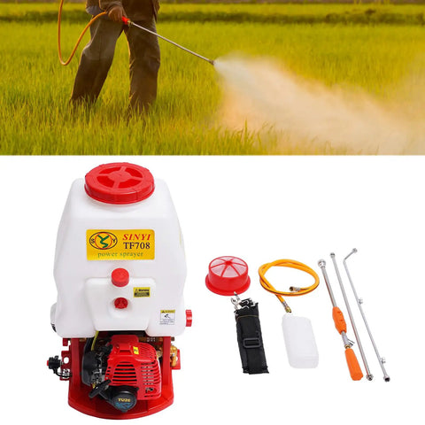 Pro Grade Backpack Sprayer Fogger For Pest Control, 26cc 2 Stroke Gas Powered Mister Duster, shown with accessories.