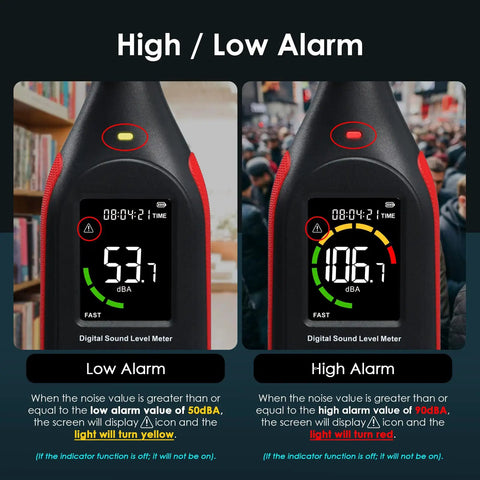 Portable Decibel Meter Data Logger With USB Export, Graph Printing, And A Weighted Sound Level Monitoring For Noise Control At Home Or Work, Fast Slow Response, Max Hold, 3 Color Alarm showing low and high alarm levels