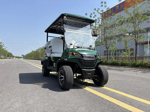 Four Seater Electric Golf Cart With Full Led Lighting And Tuned Independent Suspension crafted for chill night cruises parked on a sunny road.