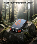 High Capacity Solar Power Bank 45800mAh with Fast Charging and Three Built In Cables, outdoor on rock in forest