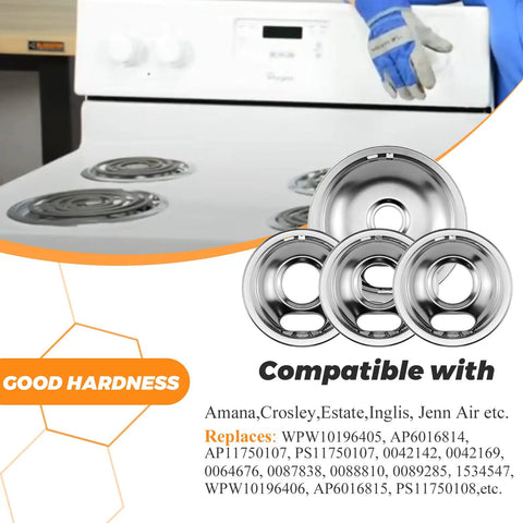 Chrome Burner Drip Pan Kit For Whirlpool Electric Ranges Includes 8 Inch And 3 Inch And 6 Inch Drip Pans Replaces OEM