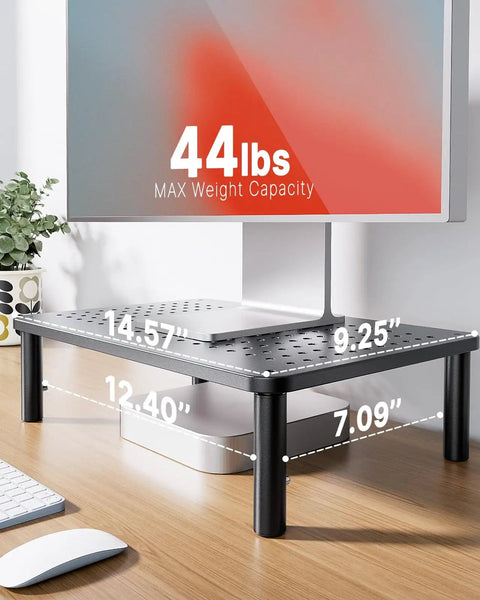 Ergonomic Monitor Stand Riser With Airflow Vents Three Height Options Of 3.94, 4.72 And 5.51 Inches on desk with monitor