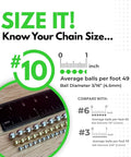 Ten Ball Chain Spool 100 Feet Nickel Plated Steel Beaded Chain size guide with ruler, highlighting 4.5mm ball diameter.