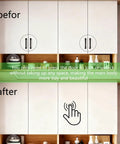 Before and after image comparing cabinet doors with knobs and 10 Pack Magnetic Push Latches For Cabinet Doors And Drawers featuring quiet soft close action.