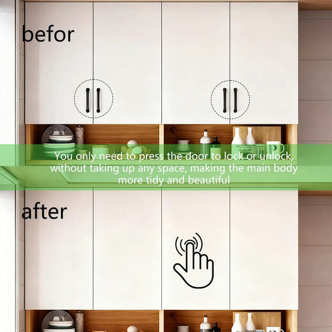 Before and after image comparing cabinet doors with knobs and 10 Pack Magnetic Push Latches For Cabinet Doors And Drawers featuring quiet soft close action.