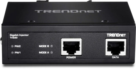 Front view of Beefy Industrial Gigabit PoE Plus Injector With DIN Rail And Wall Mounts IP30 Rated Housing NDAA And TAA Compliant