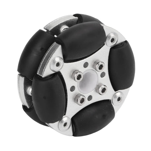 Omni-directional wheel (48mm) with aluminum alloy body and black rubber rollers, 360° rotation.