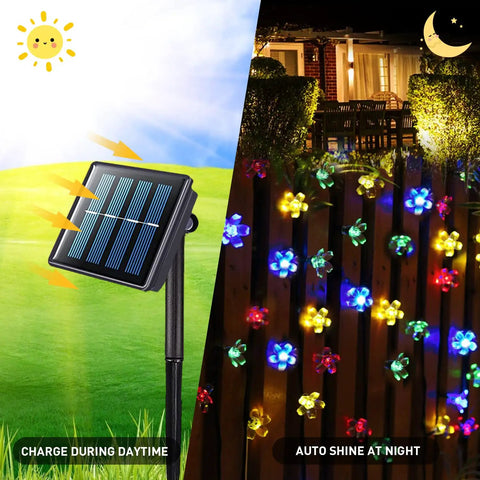Outdoor Solar Cherry Blossom String Lights 2 Pack, 30.6 Ft Each, 50 LED Multicolor Flower Lights for Garden Patio at Night