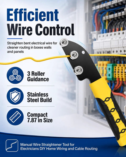 Top Rated Manual Wire Straightener Tool Three Roller Stainless Steel Cable Bending Device Efficient Control For Electricians Guide Bent Electrical Wire Into Consistent Path For Panel Work Junction Box Installation And Wall Routing Projects with yellow handle and stainless rollers