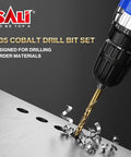 Heavy Duty Cobalt Drill Bit Set Three Sixteenth Inch Hex Shank, 10 Pack For Hardwood Metal Aluminum Copper And Alloys Built Tough As Nails To Last With M35 Coated High Speed Steel For Fast Clean Drilling in action, drilling metal surface.