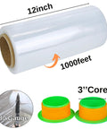 Two Pack Clear Stretch Film 12 X 1000 Feet 80 Gauge Heavy Duty Self Adhering Plastic Wrap With Handles, detailed view of roll.