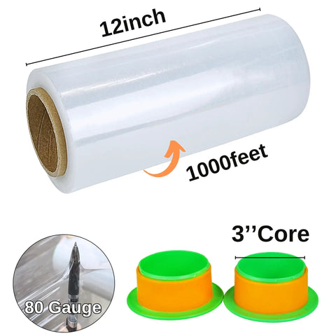 Two Pack Clear Stretch Film 12 X 1000 Feet 80 Gauge Heavy Duty Self Adhering Plastic Wrap With Handles, detailed view of roll.