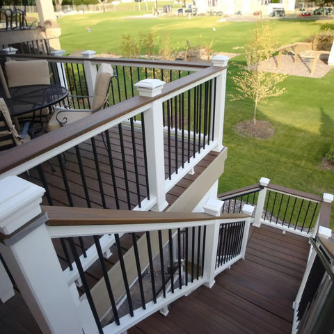 101 Pack 26 Inch Hollow Aluminum Deck Balusters For Railing And Fencing installed on stairs and deck with wood finish