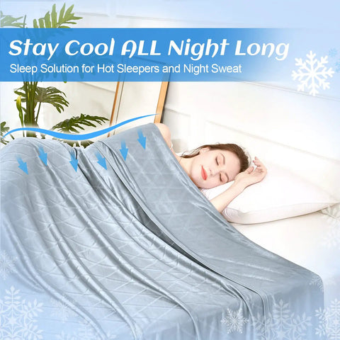 Woman sleeping under Upgraded Jade Fiber Cooling Throw Blanket With Q Max 0.5, Lightweight, 50x70, ideal for hot sleepers.