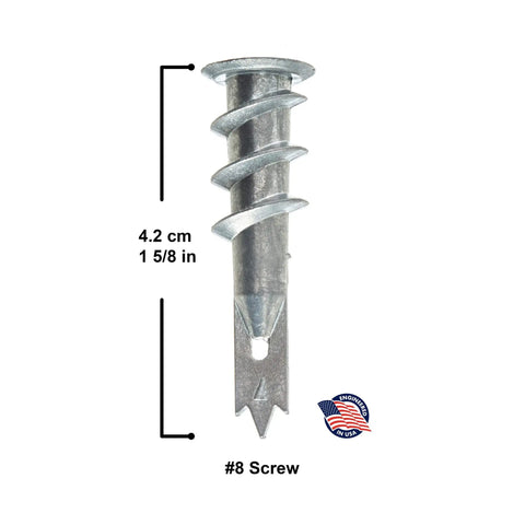 Close-up of zinc alloy self-drilling drywall anchor with dimensions, part of the Self-Drilling Drywall Anchors Kit With Screws And Wall Plugs.