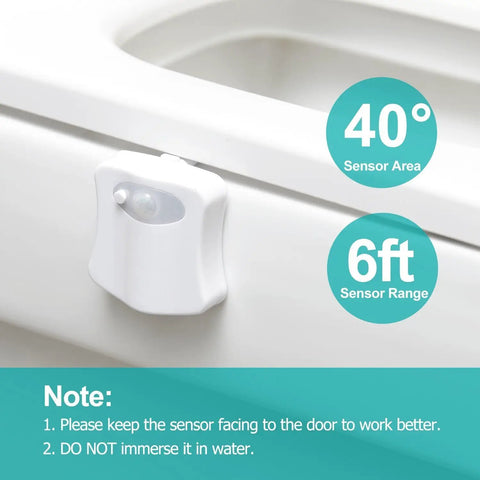 Close-up of white motion sensor on toilet featuring 40° sensor area and 6ft range for Toilet Night Light With Motion Sensor And LED 9 Color Modes Auto On In The Dark Brighten Your Bathroom For Late Night Pee Breaks Funny Novelty Gag Gift For Men Dad Kids Toddlers. Note includes usage instructions.