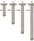 One Half Inch IPS To Twelve Inch Ceiling Mounted Shower Arm With Flange Matte Black Finish Solid Brass Construction Lead Free Premium Flange Ideal For Modern Bathrooms showing four different lengths of shower arms with flanges.