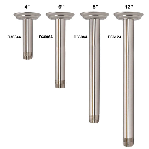 One Half Inch IPS To Twelve Inch Ceiling Mounted Shower Arm With Flange Matte Black Finish Solid Brass Construction Lead Free Premium Flange Ideal For Modern Bathrooms showing four different lengths of shower arms with flanges.