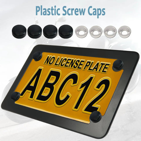 Badass Matte Black Stainless Steel Motorcycle License Plate Frame With Heavy Duty Tag Holder displayed with screws and caps