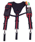 Heavy Duty Tool Belt Suspenders With Magnet Pocket And Large Movable Phone Holder For Construction Workers Pencil Holder 1680D Nylon Breathable Foam Mesh Adjustable Comfort Fit Secure Clip System shown against white background.