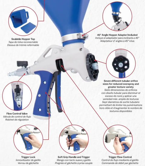 Top Shelf 2 Gallon Hopper Gun Paint Sprayer Featuring Slick Adjustable Nozzle And Quick 45 Degree Angle Adapter Soft Grip Trigger Smooth Flat Texturing For Drywall And Interior Floors with flow control valve and 45° adapter.