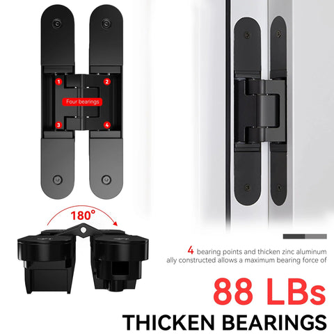 Hidden Door Hinge Kit For Secret Doors With 3 Way Adjustable Concealed Hinges, Zinc Alloy, Black Finish, Outswing 180 Degree