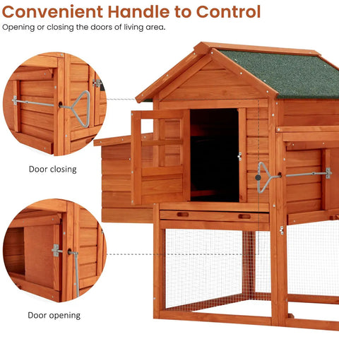 Close-up of Big Ol Wooden Chicken Coop's handle and door mechanism, showing secure closure and fir wood material.
