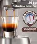 Barista Grade Home Espresso Machine With 20 Bar Pump And Milk Frother Stainless Steel Build Brewing Espresso With Gauge