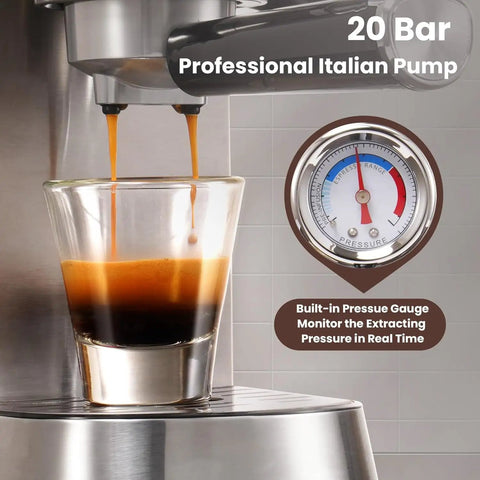 Barista Grade Home Espresso Machine With 20 Bar Pump And Milk Frother Stainless Steel Build Brewing Espresso With Gauge